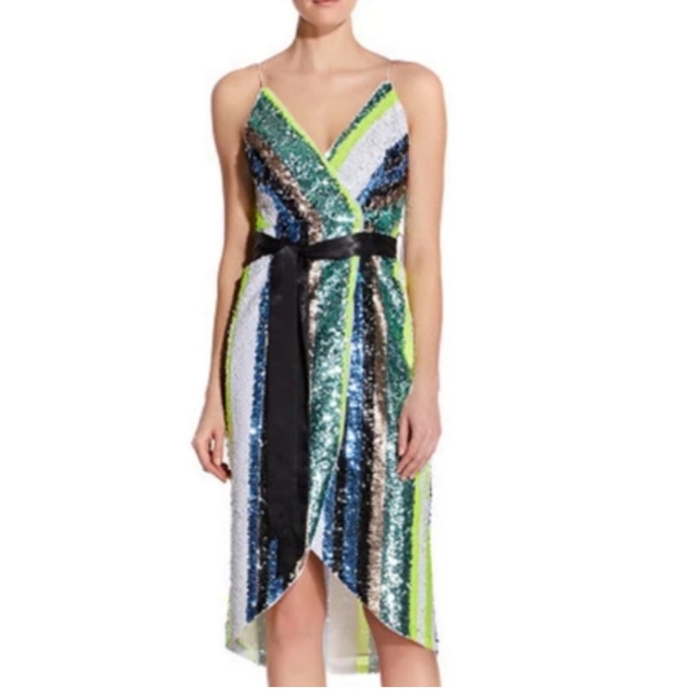 Sequin Striped V-Neck Midi Dress in Multi-Color